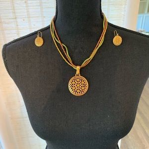 Gold Pendent & Green Gem Necklace/ Earring Set